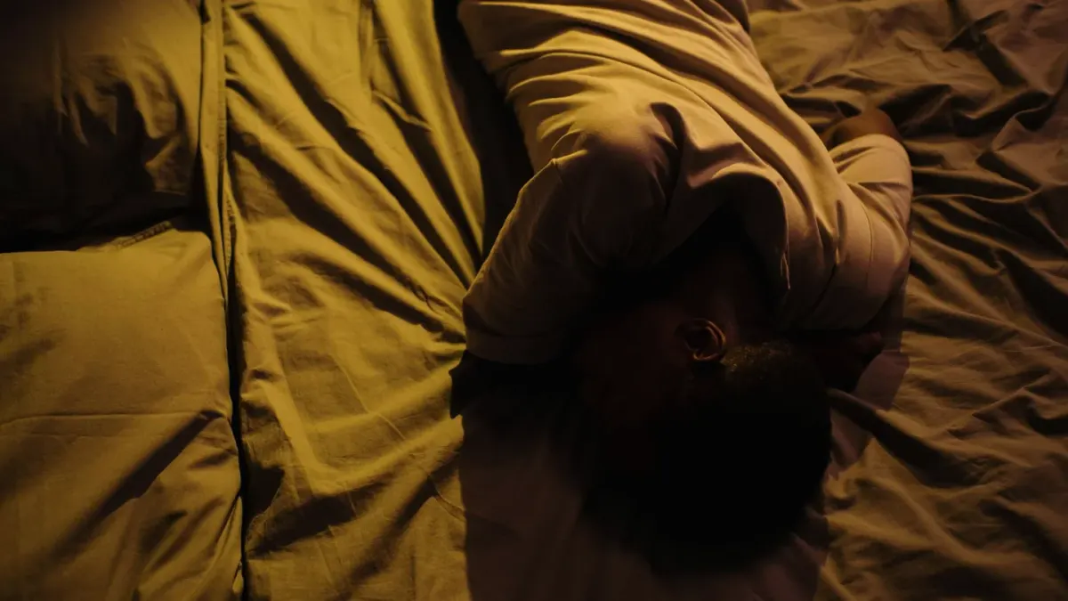 A dog curled up asleep on a bed in a dimly lit room