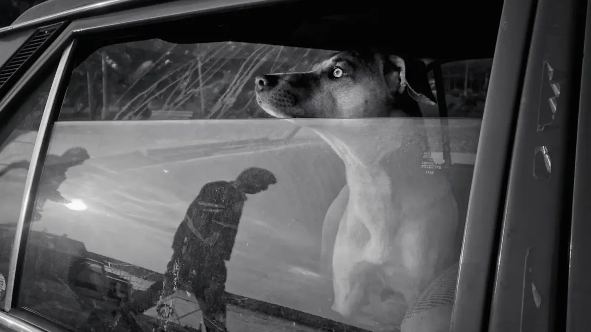 A dog sitting upright by a window with ears perked, listening to something outside
