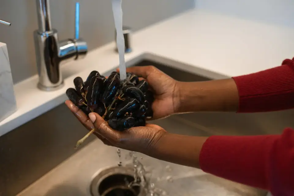 Hands rinsing fresh whole strawberries under running water in a kitchen sink