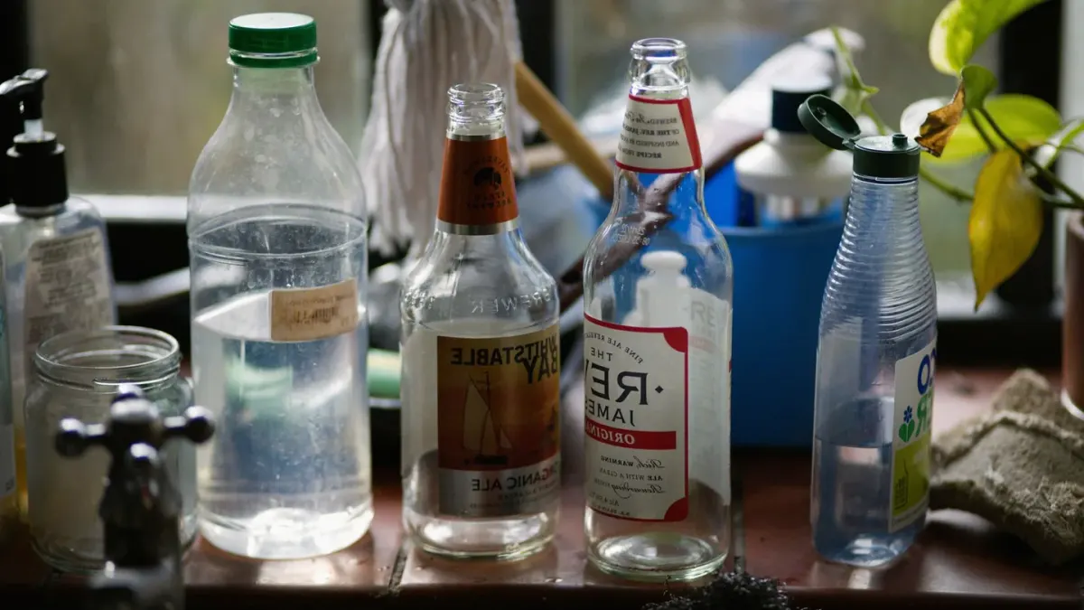 Several dog supplement bottles lined up on a kitchen counter